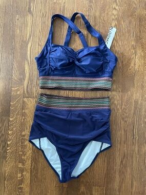 BloomChic Navy Blue High-Waist Bikini Set with Multicolor Zigzag Band